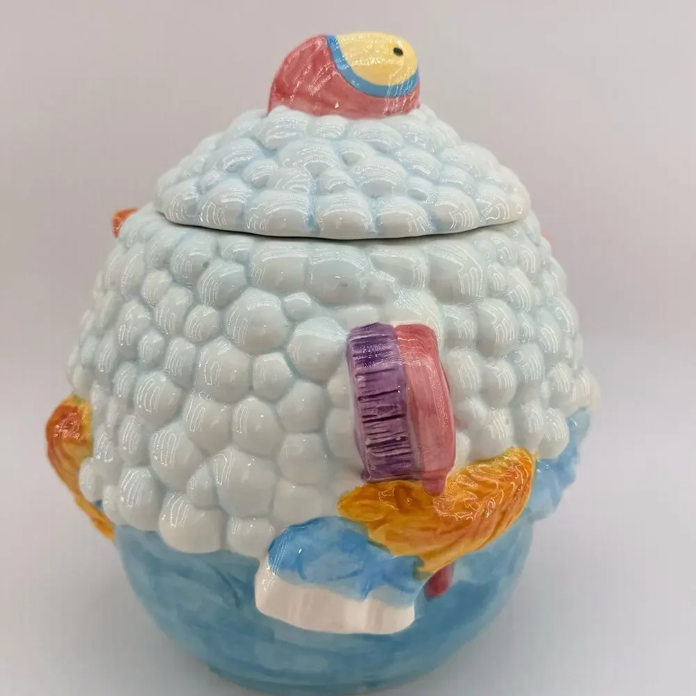 Vintage ANCO Kitten Cat Ceramic Cookie Jar & Lid Bubble Bath With Fish 1970's